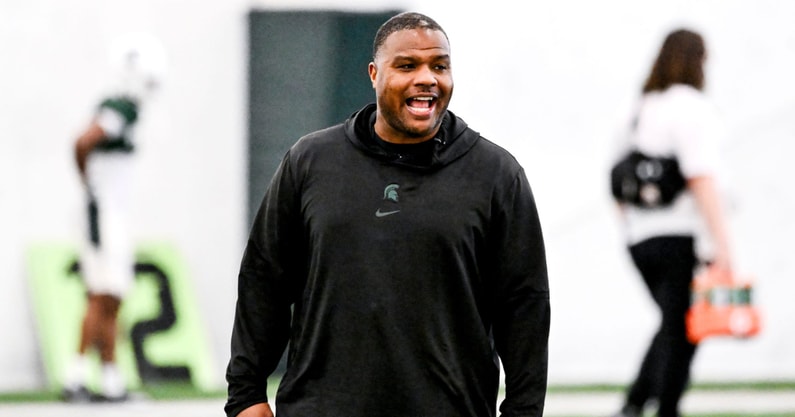 Michigan State assistant head coach Keith Bhonapha calls out to players during football practice on Tuesday, April 8, 2025, in East Lansing. - Nick King, USA TODAY Sports