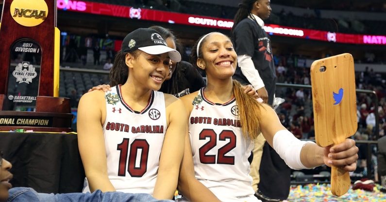 South Carolina women's basketball alums Allisha Gray and A'ja Wilson. Photo credit: Matthew Emmons-Imagn Images