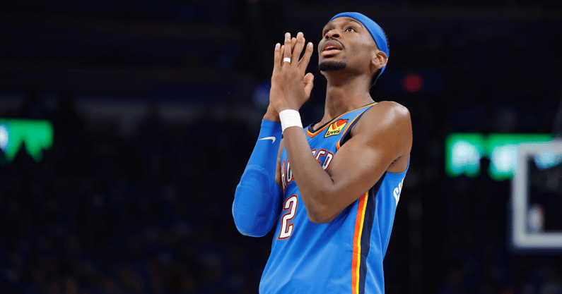 May 22, 2025; Oklahoma City, Oklahoma, USA; Oklahoma City Thunder guard Shai Gilgeous-Alexander (2) reacts after a play against the Minnesota Timberwolves in the third quarter during game two of the western conference finals for the 2025 NBA Playoffs at Paycom Center. Mandatory Credit: Alonzo Adams-Imagn Images