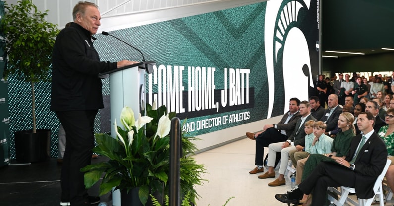 Michigan State University basketball coach Tom Izzo speaks Wednesday, June 4, 2025, before MSU President Kevin Guskiewicz introduced J Batt (bottom right) as the Spartans new athletic director. - Matthew Dae Smith