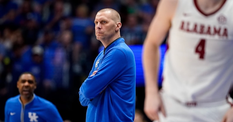 Kentucky head coach Mark Pope watches his team face Alabama during the second half of a Southeastern Conference tournament quarterfinal game at Bridgestone Arena in Nashville, Tenn., Friday, March 14, 2025. © Andrew Nelles / The Tennessean / USA TODAY NETWORK via Imagn Images