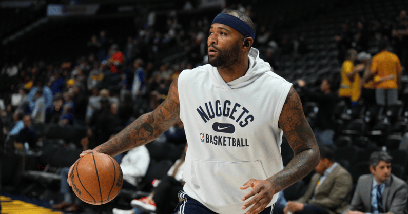 Apr 24, 2022; Denver, Colorado, USA; Denver Nuggets center DeMarcus Cousins (4) before the game against the Golden State Warriors prior to game four of the first round for the 2022 NBA playoffs at Ball Arena. Mandatory Credit: Ron Chenoy-USA TODAY Sport