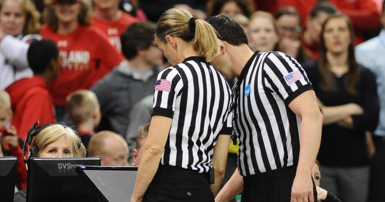 USA; Officials review a play during a game between the Tennessee Lady Volunteers and the Maryland Terrapins in the finals of the Spokane regional of the 2015 women's NCAA Tournament at Spokane Veterans Memorial Arena. The Terrapins won 58-48. Mandatory Credit: James Snook-Imagn Images