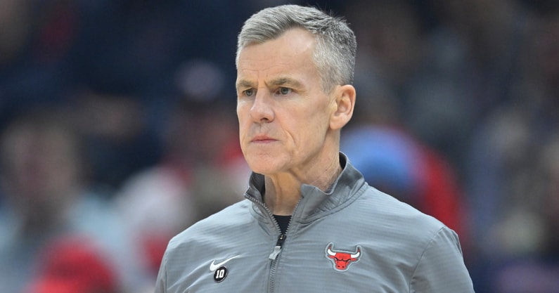 Apr 8, 2025; Cleveland, Ohio, USA; Chicago Bulls head coach Billy Donovan stands on the court in the first quarter against the Cleveland Cavaliers at Rocket Arena. Mandatory Credit: David Richard-Imagn Images