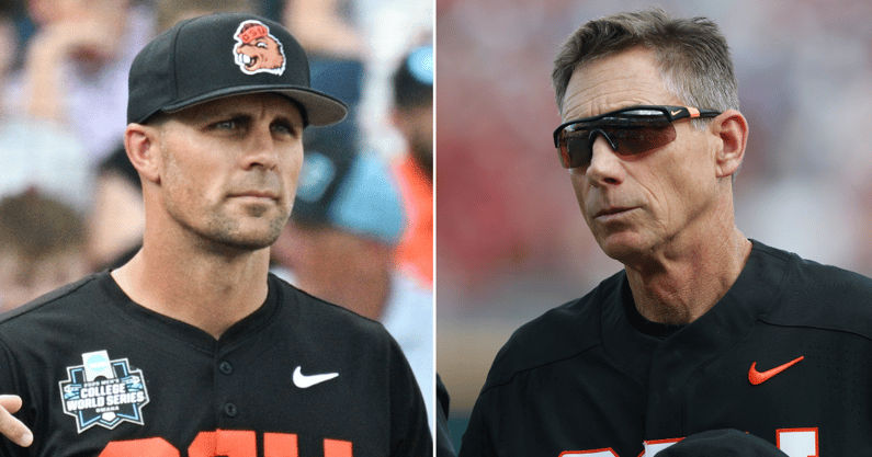 Mitch-Canham-reacts to-legendary-Oregon-State-head-coach-Pat-Casey-attending-College-World-Series-game