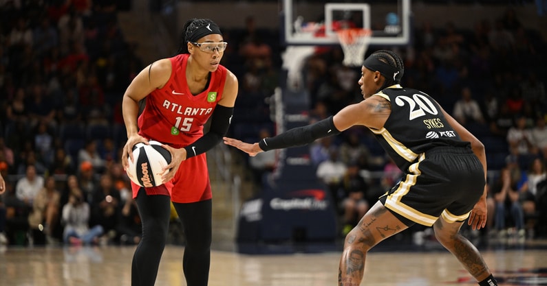 Atlanta Dream guard Allisha Gray (15) looks to drive past Washington Mystics guard Brittney Sykes (20) during the first quarter at CareFirst Arena. Mandatory Credit: Rafael Suanes-Imagn Images
