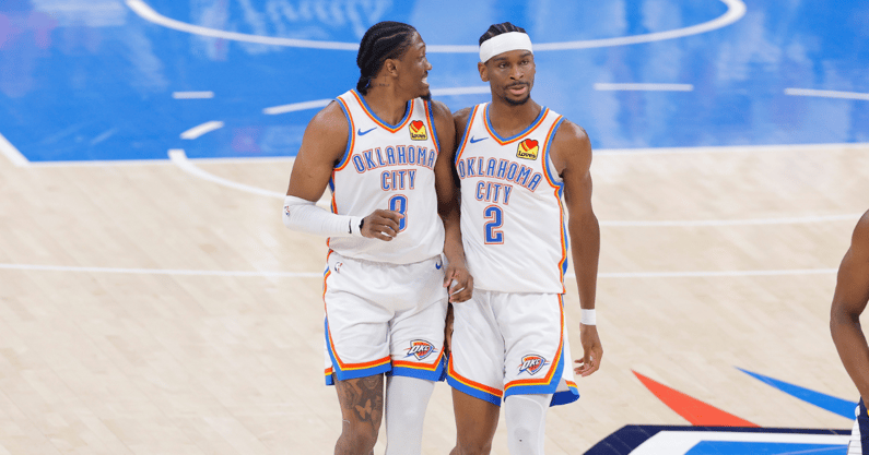 Jun 16, 2025; Oklahoma City, Oklahoma, USA; Oklahoma City Thunder forward Jalen Williams (8) and guard Shai Gilgeous-Alexander (2) walk back up the court in the first quarter against the Indiana Pacers during game five of the 2025 NBA Finals at Paycom Center. Mandatory Credit: Alonzo Adams-Imagn Images