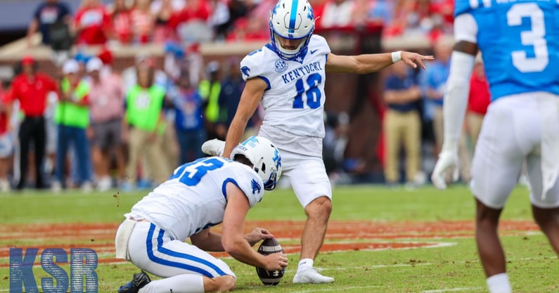 Kentucky kicker Alex Raynor attempts a field goal at Ole Miss, via Mont Dawson, KSR