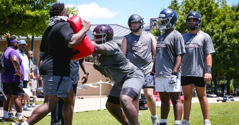 Class of 2028 lineman Major Green working out at South Carolina. Photo by: Katie Dugan | GamecockCentral