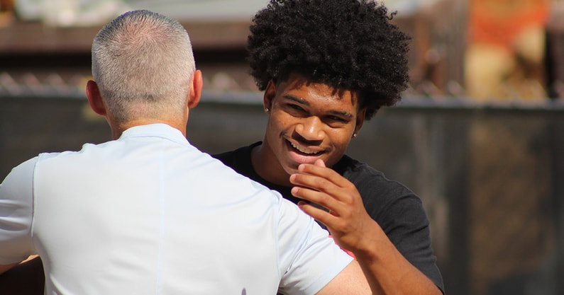 Jay Timmons at Florida State greeted by Head Coach Mike Norvell (Matt LaSerre:Warchant)