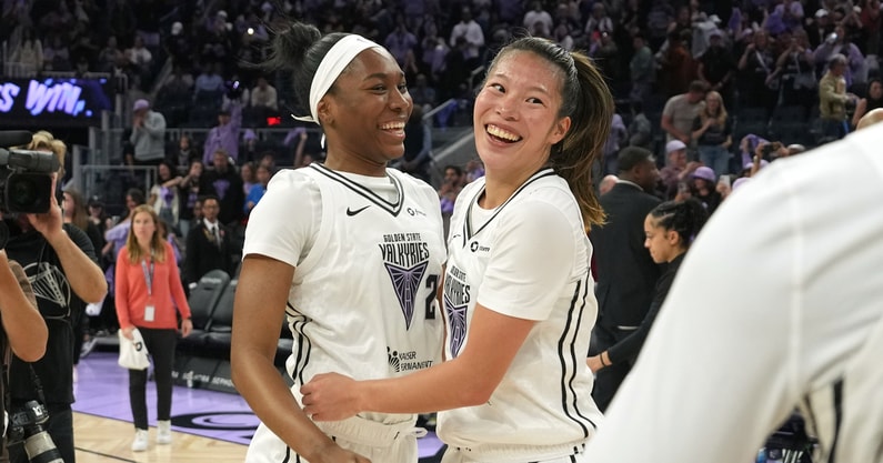 Golden State Valkyries guards Bree Hall (center left) and Kaitlyn Chen (center right) celebrate after defeating the Connecticut Sun at Chase Center. Mandatory Credit: Darren Yamashita-Imagn Images