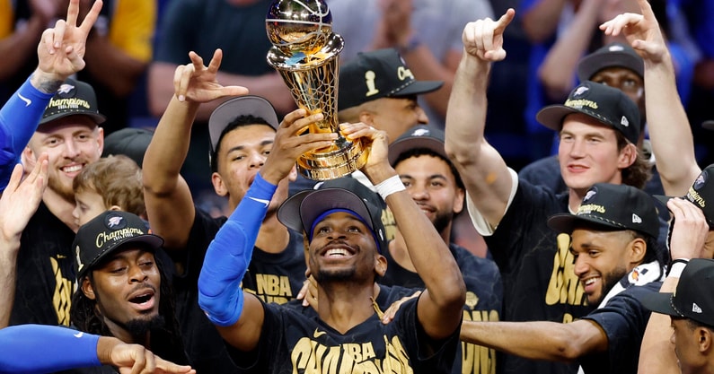 Jun 22, 2025; Oklahoma City, Oklahoma, USA; The Oklahoma City Thunder celebrate after winning game seven of the 2025 NBA Finals against the Indiana Pacers at Paycom Center. Mandatory Credit: Alonzo Adams-Imagn Images