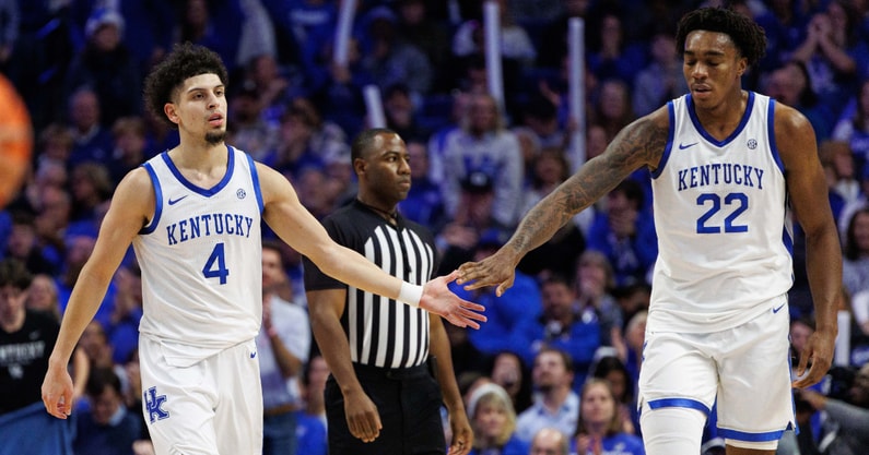 Dec 11, 2024; Lexington, Kentucky, USA; Kentucky Wildcats center Amari Williams (22) fives guard Koby Brea (4) during the second half against the Colgate Raiders at Rupp Arena at Central Bank Center. Mandatory Credit: Jordan Prather-Imagn Images