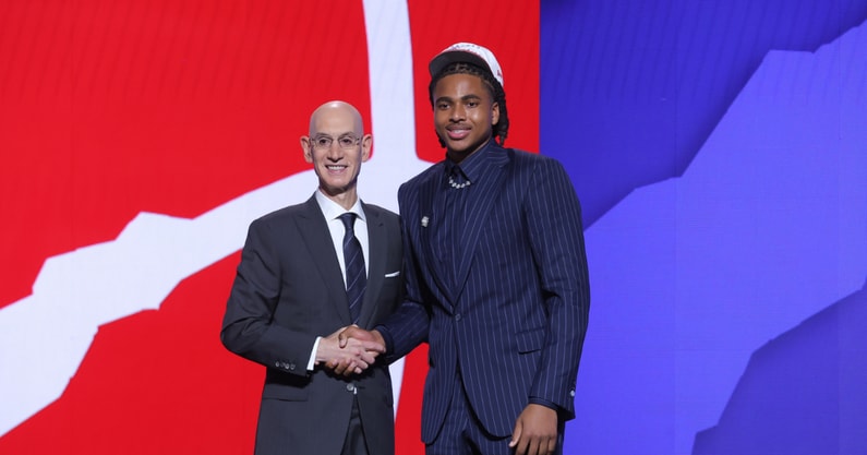 South Carolina basketball star Collin Murray-Boyles shaking NBA commissioner Adam Silver's hand after being drafted by the Toronto Raptors with the No. 9 overall pick. Photo by: Brad Penner-Imagn Images