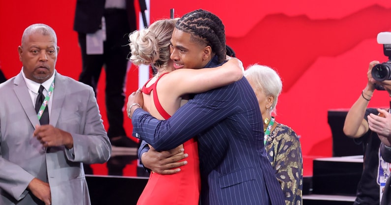 Collin Murray-Boyles embraces girlfriend Chloe Kitts after being selected as the ninth pick by the Toronto Raptors in the first round of the 2025 NBA Draft at Barclays Center. Mandatory Credit: Brad Penner-Imagn Images