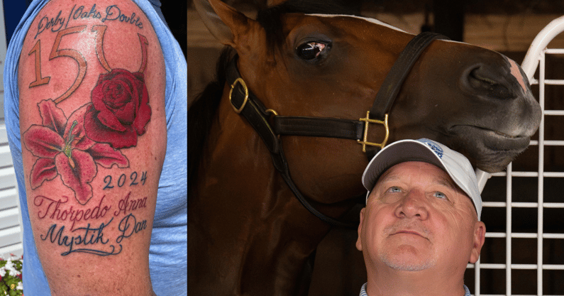 Kenny McPeek posed with Mystik Dan after his Kentucky Derby win, what does he think of his new tattoo? (Image on right via Clare Grant-USA TODAY NETWORK via Imagn Images)