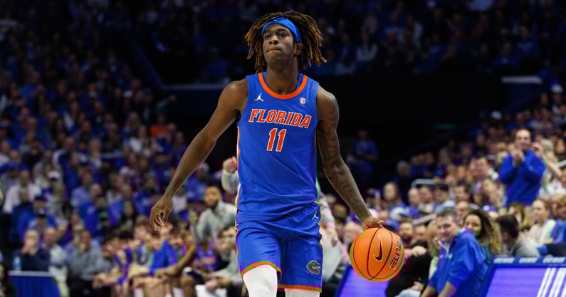 Jan 4, 2025; Lexington, Kentucky, USA; Florida Gators guard Denzel Aberdeen (11) handles the ball during the first half against the Kentucky Wildcats at Rupp Arena at Central Bank Center. Mandatory Credit: Jordan Prather-Imagn Images