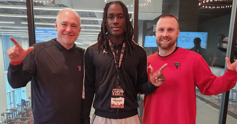 Texas Tech head coach Joey McGuire, safeties coach Rob Greene and Panther Creek (TX) safety Donovan Webb