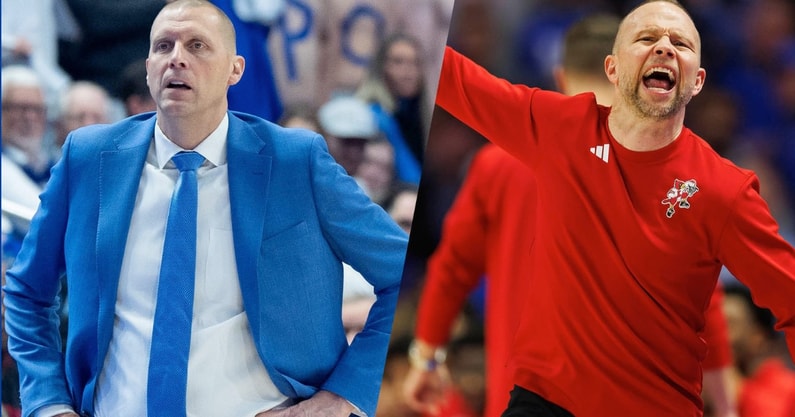 Kentucky basketball coach Mark Pope and Louisville basketball coach Pat Kelsey at the 2024 Battle of the Bluegrass game. © Clare Grant & Jordan Prather / USA TODAY NETWORK via Imagn Images