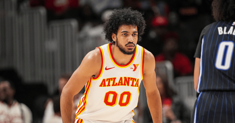 Apr 13, 2025; Atlanta, Georgia, USA; Atlanta Hawks forward Jacob Toppin (00) on the court during the game against the Orlando Magic during the second half at State Farm Arena. Mandatory Credit: Dale Zanine-Imagn Images