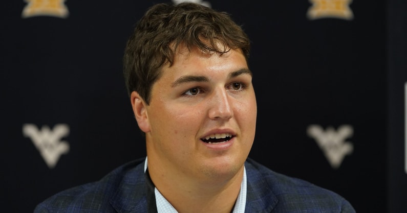 West Virginia offensive lineman Landen Livingston speaks with the media during 2025 Big 12 FoLanden Livingston - Raymond Carlin III-Imagn Images