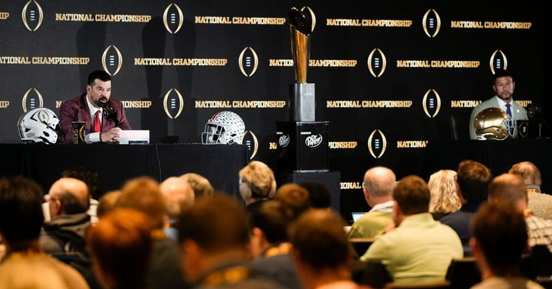 Ohio State coach Ryan Day, Notre Dame coach Marcus Freeman and the National Championship Trophy