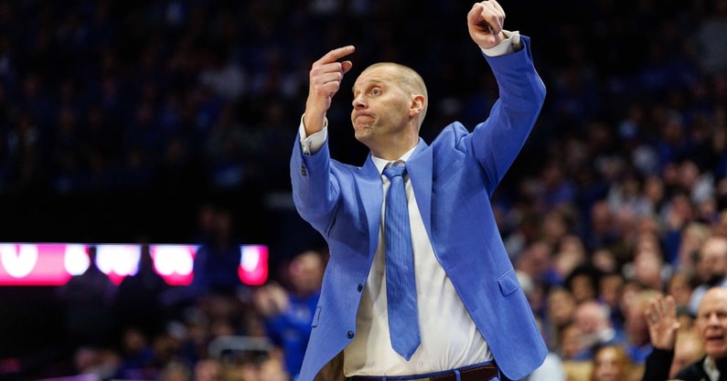Dec 14, 2024; Lexington, Kentucky, USA; Kentucky Wildcats head coach Mark Pope directs his players during the second half against the Louisville Cardinals at Rupp Arena at Central Bank Center. Mandatory Credit: Jordan Prather-Imagn Images
