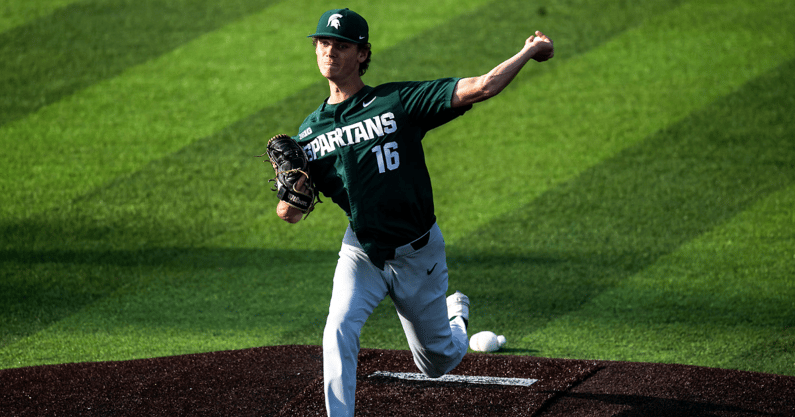 Michigan State's Joseph Dzierwa delivers a pitch during a NCAA Big Ten Conference baseball game against Iowa, Friday, May 12, 2023, at Duane Banks Field in Iowa City, Iowa. - Joseph Cress, USA TODAY Sports
