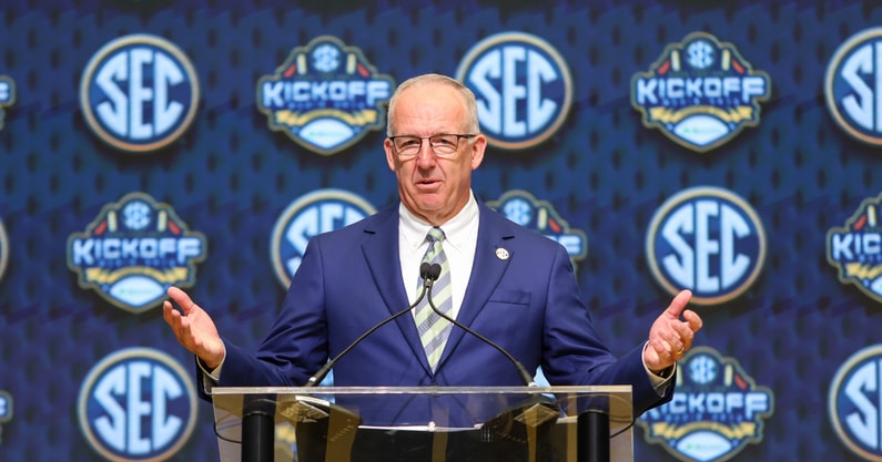 Jul 16, 2025; Atlanta, GA, USA; SEC commissioner Greg Sankey speaks to the media during the SEC Media Day at Omni Atlanta Hotel. Mandatory Credit: Jordan Godfree-Imagn Images