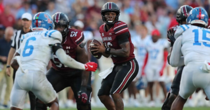 Ole Miss linebacker TJ Dottery looking to bring pressure against South Carolina quarterback LaNorris Sellers. Photo credit: CJ Driggers | GamecockCentral