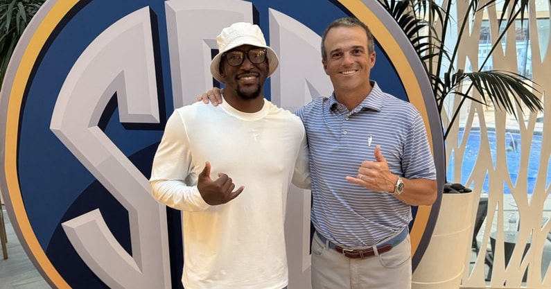 South Carolina football coach Shane Beamer and running back Oscar Adaway at SEC Meetings in Destin, Florida. Photo Credit: Shane Beamer | @CoachSBeamer on Twitter/X