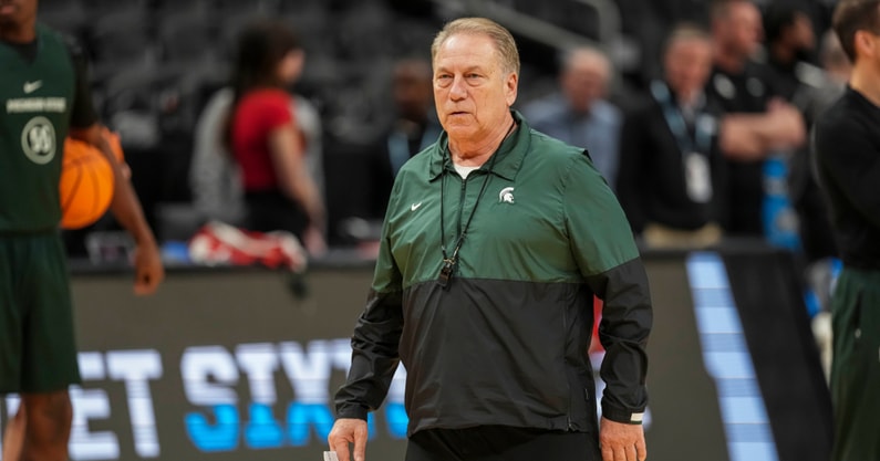 Michigan State Spartans head coach Tom Izzo on the court during practice at State Farm Arena. - Dale Zanine, USA TODAY Sports