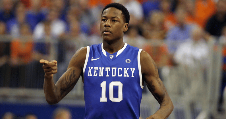 February 12, 2013; Gainesville, FL, USA; Kentucky Wildcats guard Archie Goodwin (10) reacts after he dunked the ball against the Florida Gators during the first half at the Stephen C. O'Connell Center. Mandatory Imagn Images