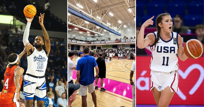 Photos of Ansley Almonor (left) and Peach Jam gym (middle) via Kentucky Sports Radio | Photo of Maddyn Greenway via FIBA