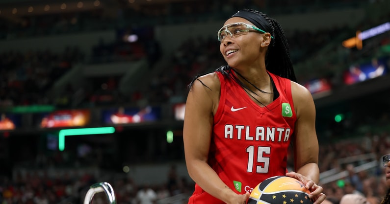 Atlanta Dream guard Allisha Gray competes in the final round of the three-point contest during the 2025 WNBA All Star Skills Challenge at Gainbridge Fieldhouse. Mandatory Credit: Trevor Ruszkowski-Imagn Images
