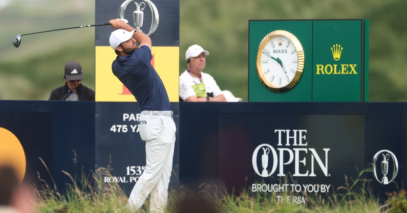 Jul 20, 2025; Portrush, IRL; Scottie Scheffler tees of on the eleventh hole during the final round of The 153rd Open Championship golf tournament at Royal Portrush. Mandatory Credit: Mike Frey-Imagn Images