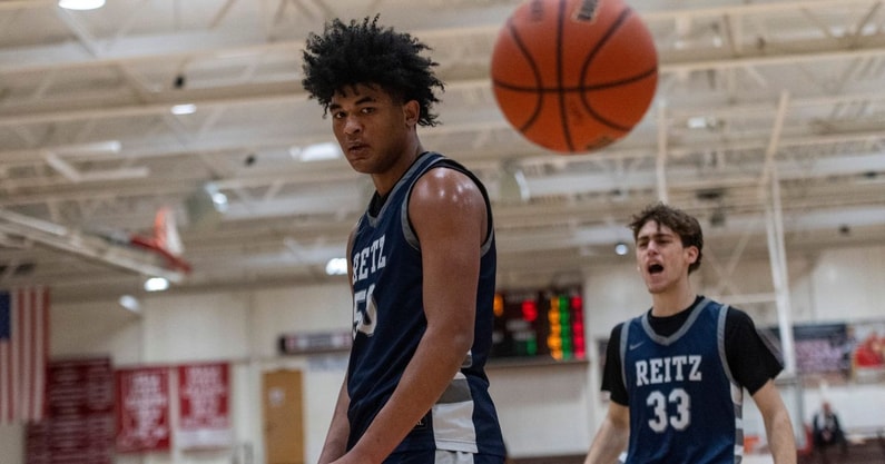 Reitz’s Jaylan Mitchell (50) reacts after dunking the ball as the Reitz Panthers play the Christian County Colonels during the fifth annual Banterra Bank Warrior Showcase at Harrison High School in Evansville, Ind., Saturday, Jan. 18, 2025.