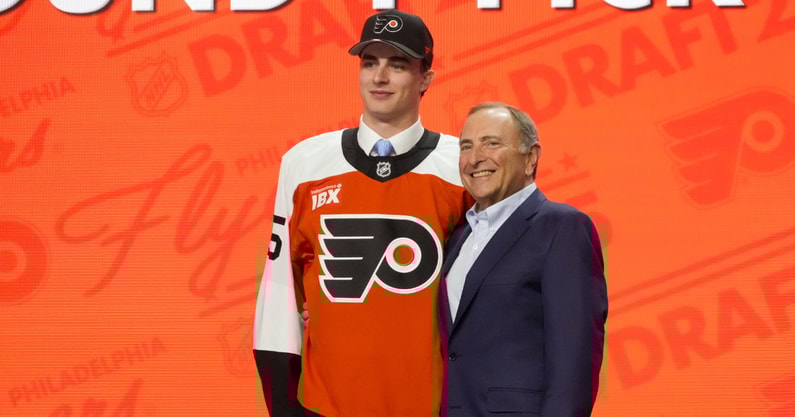 Michigan State commit Porter Martone is selected as the sixth overall pick to the Philadelphia Flyers in the first round of the 2025 NHL Draft at Peacock Theater. - Kirby Lee, USA TODAY Sports