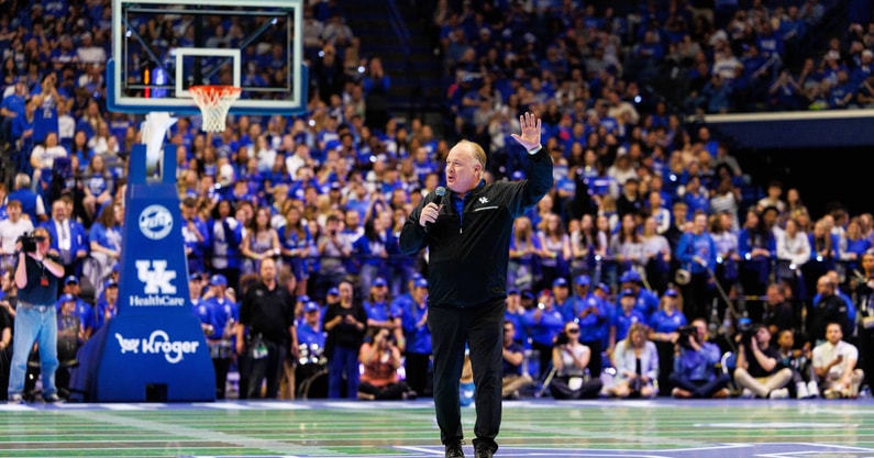Oct 11, 2024; Lexington, KY, USA; Kentucky Wildcats football head coach Mark Stoops is brought onto the court during Big Blue Madness at Rupp Arena at Central Bank Center. Mandatory Credit: Jordan Prather-Imagn Images