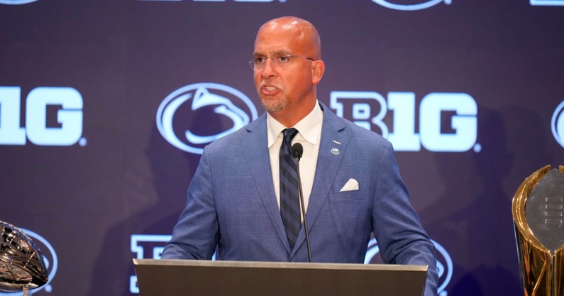 Penn State head coach James Franklin speaks to the media during the Big Ten NCAA college football media days at Mandalay Bay Resort. - Lucas Peltier, USA TODAY Sports