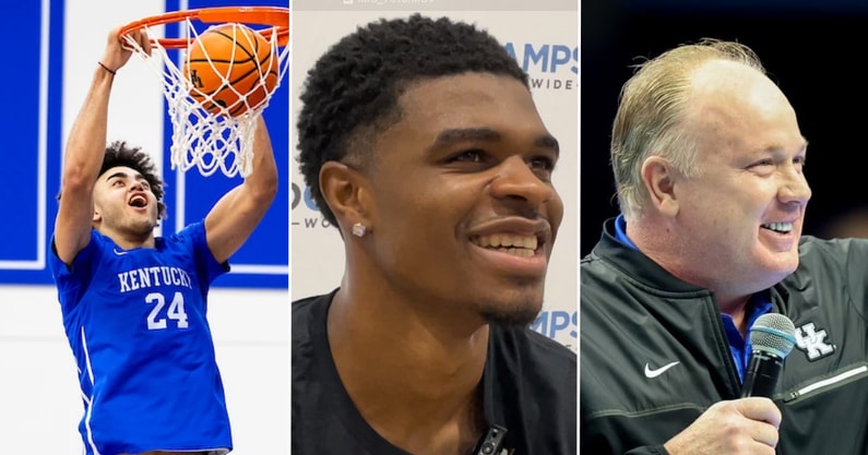 Photo of Malachi Moreno (left) via Chet White, UK Athletics | Photos of Otega Oweh (middle) and Mark Stoops via Kentucky Sports Radio