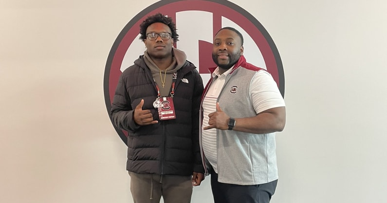 Class of 2027 four-star Jaiden Bryant with South Carolina defensive ends/outside linebackers coach Sterling Lucas. Photo credit: Jaiden Bryant | @jboog24_ on Twitter/X
