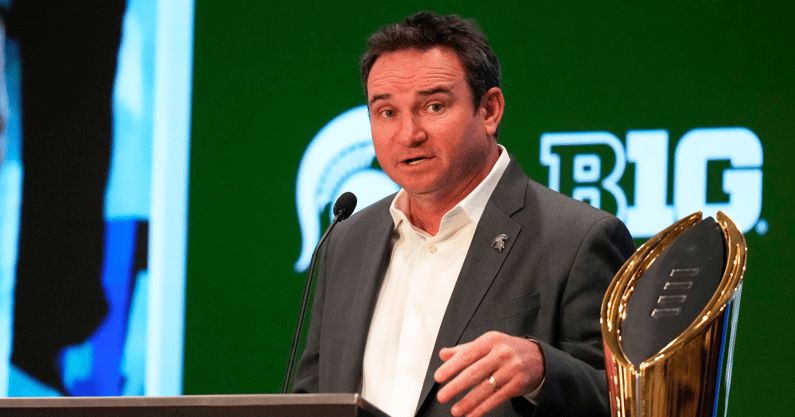 Michigan State head coach Jonathan Smith speaks to the media during the Big Ten NCAA college football media days at Mandalay Bay Resort. - Lucas Peltier, USA TODAY Sports