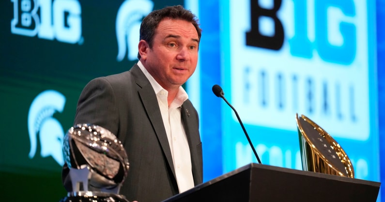 Michigan State head coach Jonathan Smith speaks to the media during the Big Ten NCAA college football media days at Mandalay Bay Resort. - Lucas Peltier, USA TODAY Sports