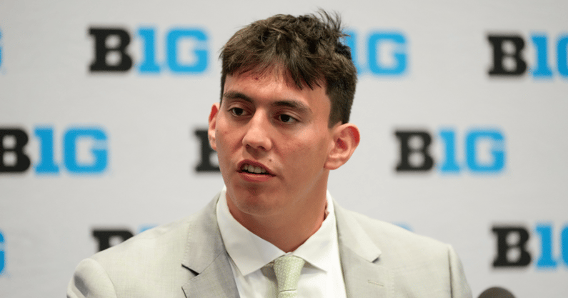 Michigan State offensive lineman Stanton Ramil speaks to the media during the Big Ten NCAA college football media days at Mandalay Bay Resort. - Lucas Peltier, USA TODAY Sports