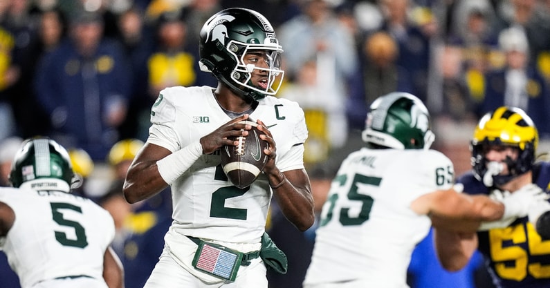 Michigan State quarterback Aidan Chiles looks before making a pass against Michigan during the first half at Michigan Stadium in Ann Arbor on Saturday, Oct. 26, 2024. - Junfu Han, USA TODAY Sports