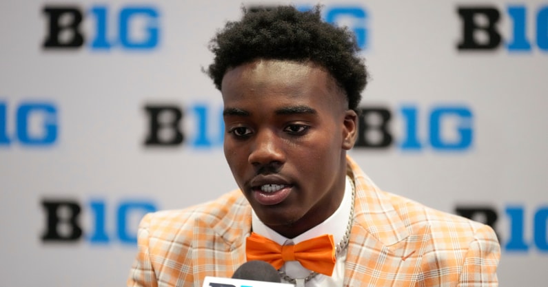 Michigan State wide receiver Nick Marsh speaks to the media during the Big Ten NCAA college football media days at Mandalay Bay Resort. - Lucas Peltier, USA TODAY Sports