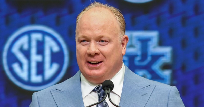 Kentucky head coach Mark Stoops at SEC Media Days, via Jordan Godfree-Imagn Images