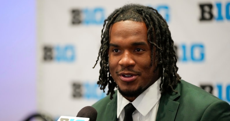 Michigan State linebacker Jordan Hall speaks to the media during the Big Ten NCAA college football media days at Mandalay Bay Resort. - Lucas Peltier, USA TODAY Sports