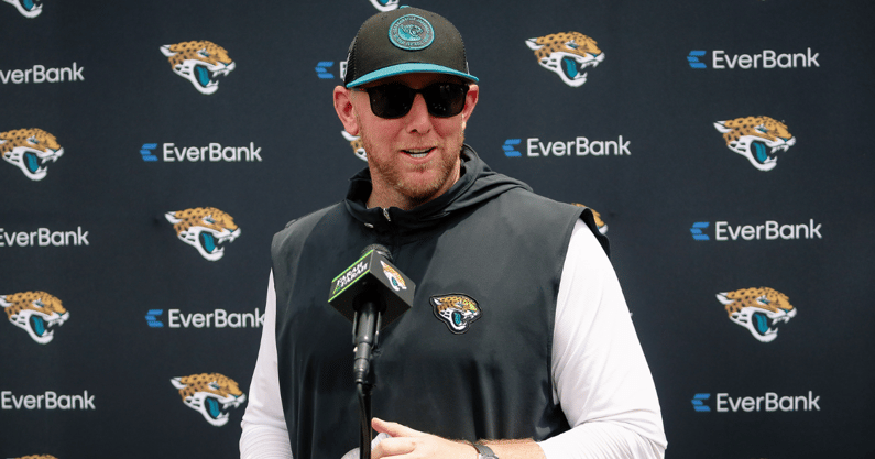 May 10, 2025; Jacksonville, FL, USA; Jacksonville Jaguars head coach Liam Coen meets with the media following rookie minicamp at Miller Electric Center. Mandatory Credit: Travis Register-Imagn Images